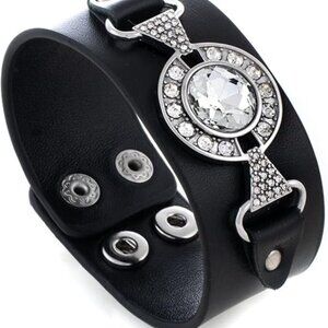Black Leather Stainless Steel & Crystal Snap-On Teen-to-Adult Cuff Bracelet NIB